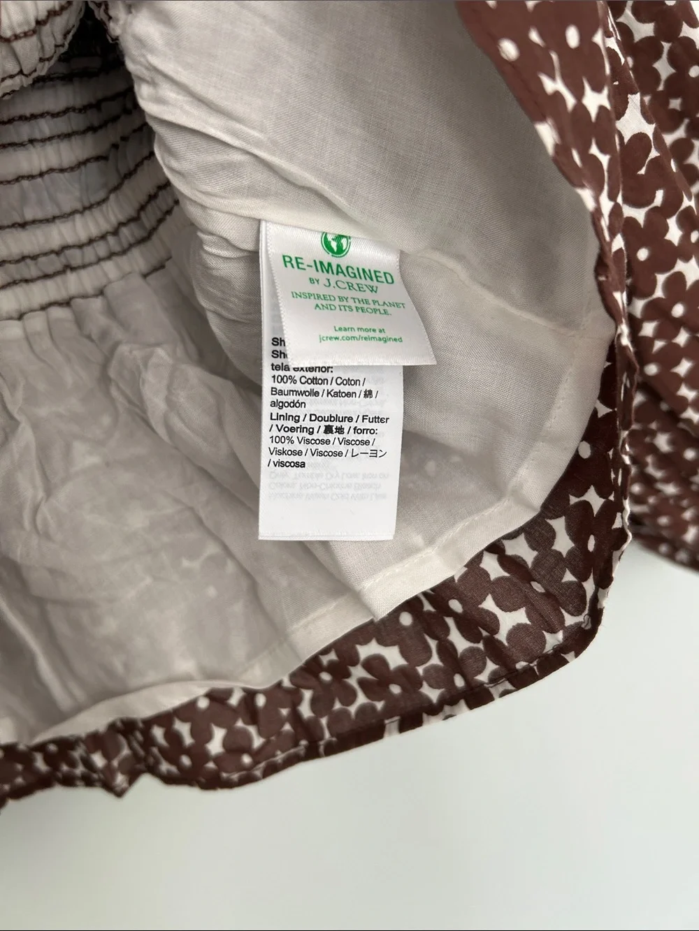 J. Crew Brown and White Printed Smocked Waist Blouse